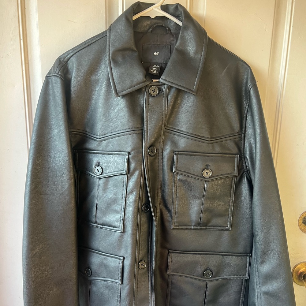 Black button leather coat
